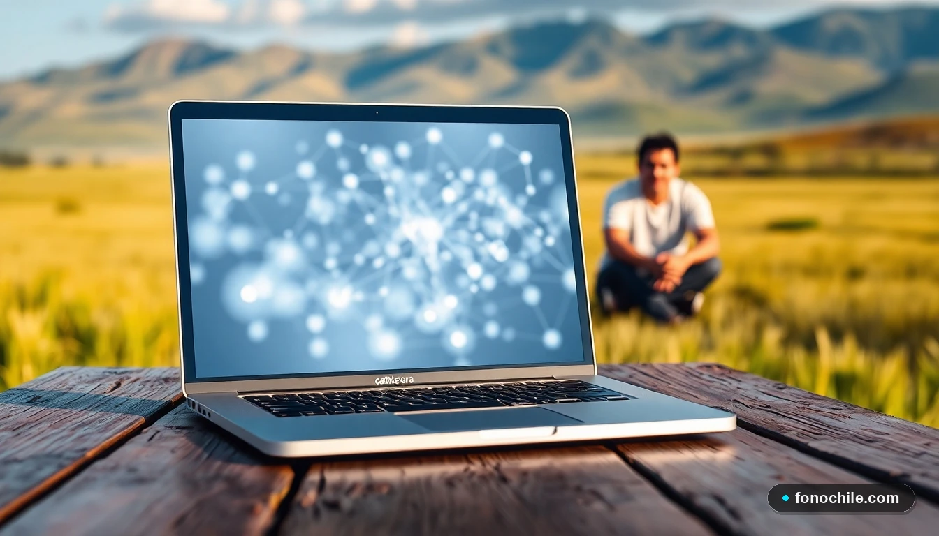 Laptop mostrando un mapa de conectividad en una mesa de campo, simbolizando el internet rural en zonas aisladas de Chile.