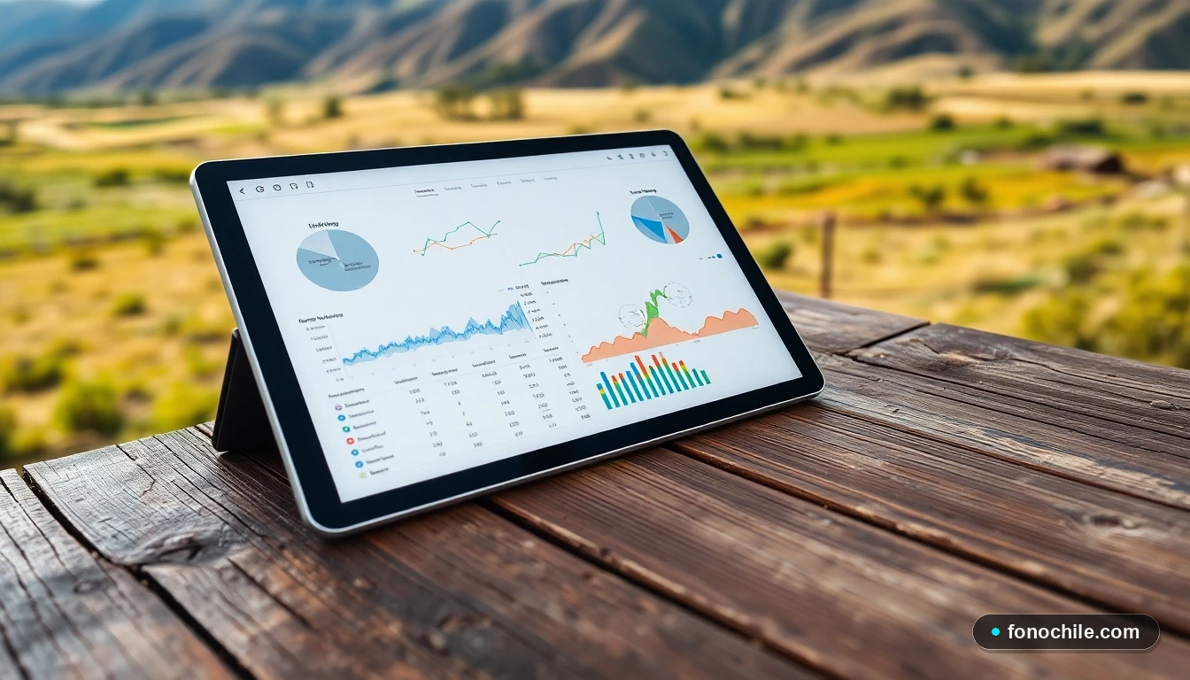 Gráficos abstractos de datos de conectividad en una tableta sobre mesa de madera en un entorno rural chileno.