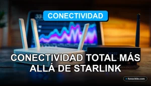 Un router moderno y un módem de fibra óptica sobre una mesa de madera, con luces LED azules y gráficos abstractos en una pantalla borrosa.