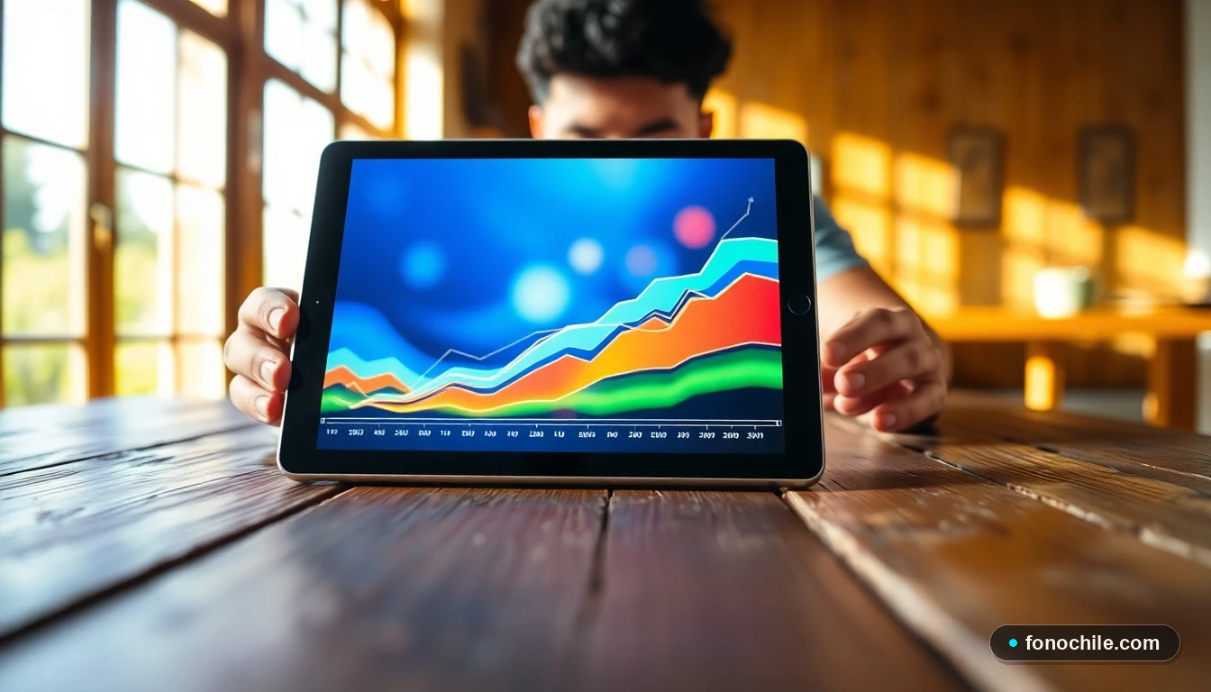 Gráfico abstracto de crecimiento de cobertura de internet rural en Chile mostrado en una tableta sobre una mesa de madera.