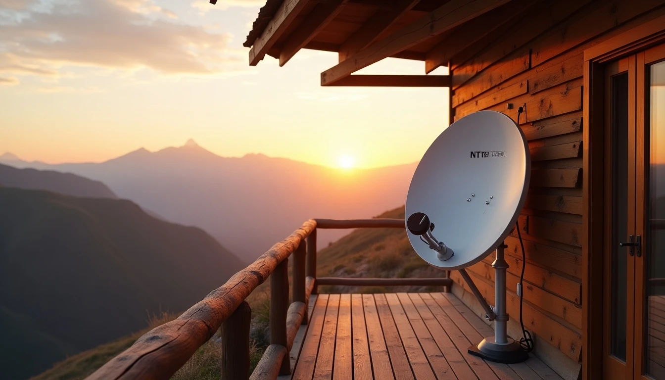Antena de internet satelital instalada en una casa con vista a la cordillera de los Andes en Chile