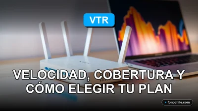 Un router VTR moderno y una laptop sobre un escritorio de madera, mostrando gráficos abstractos de conexión en sus pantallas.