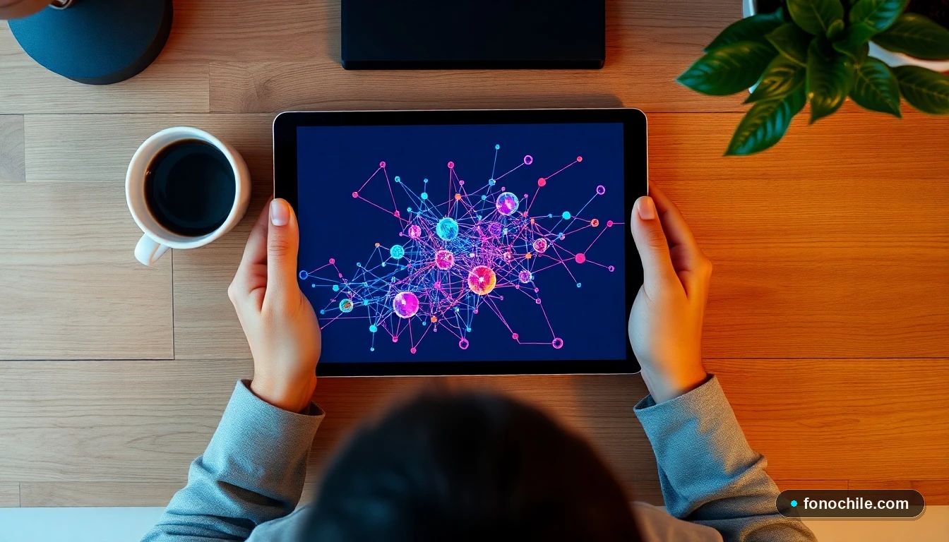 Tablet mostrando un mapa de red abstracto y colorido que representa la conectividad y velocidad de internet en el hogar.