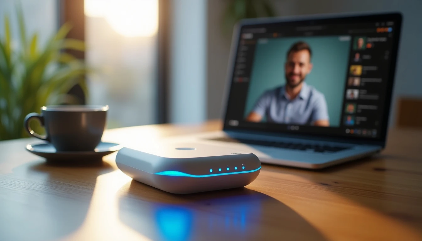 Router WiFi moderno y laptop en una oficina en casa, representando conexión estable para teletrabajo en Melipilla y Paine.