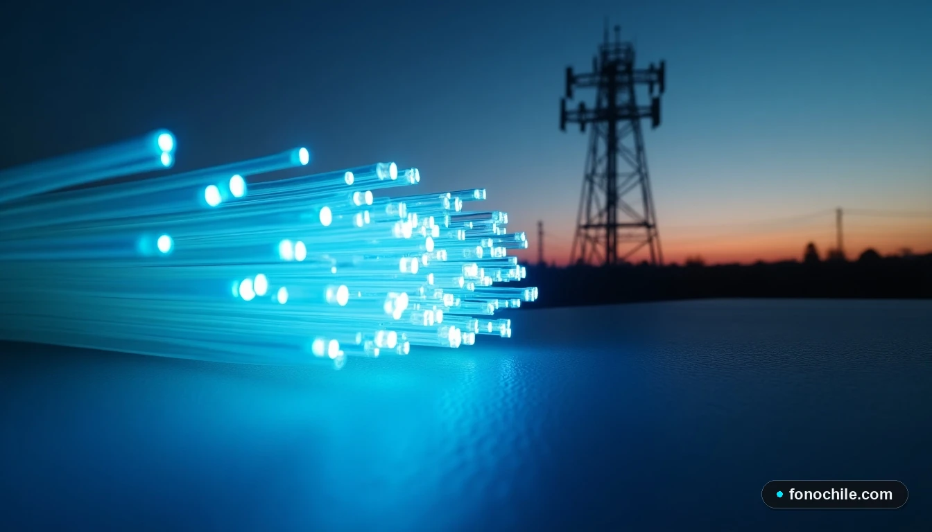 Detalle de cables de fibra óptica iluminados, representando la tecnología de alta velocidad para internet residencial.