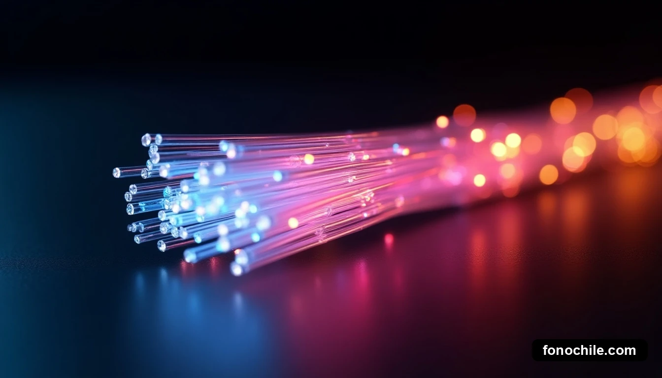 Primer plano extremo de un haz de fibras ópticas iluminadas con colores abstractos, representando la velocidad y capacidad de transmisión de datos.