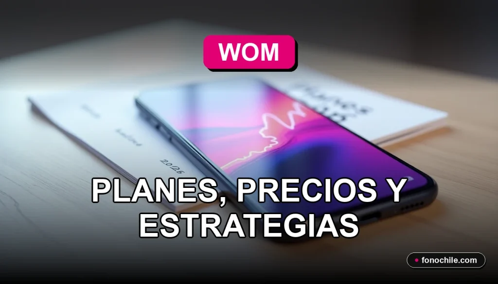 Un teléfono inteligente moderno sobre un escritorio de madera clara, mostrando gráficos abstractos de colores en su pantalla, junto a un plan de precios de internet WOM 2026.