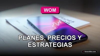 Un teléfono inteligente moderno sobre un escritorio de madera clara, mostrando gráficos abstractos de colores en su pantalla, junto a un plan de precios de internet WOM 2026.