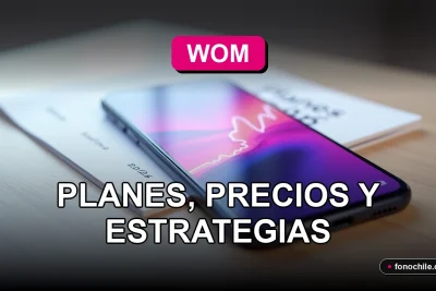 Un teléfono inteligente moderno sobre un escritorio de madera clara, mostrando gráficos abstractos de colores en su pantalla, junto a un plan de precios de internet WOM 2026.