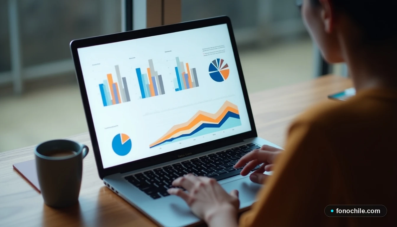 Laptop mostrando gráficos de velocidad de internet en un escritorio moderno, análisis de planes de conectividad.