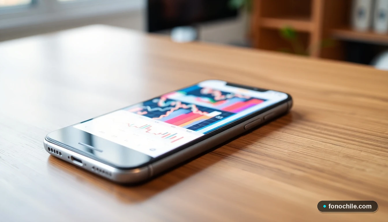 Smartphone mostrando gráficos financieros abstractos y coloridos de inversiones en Chile.