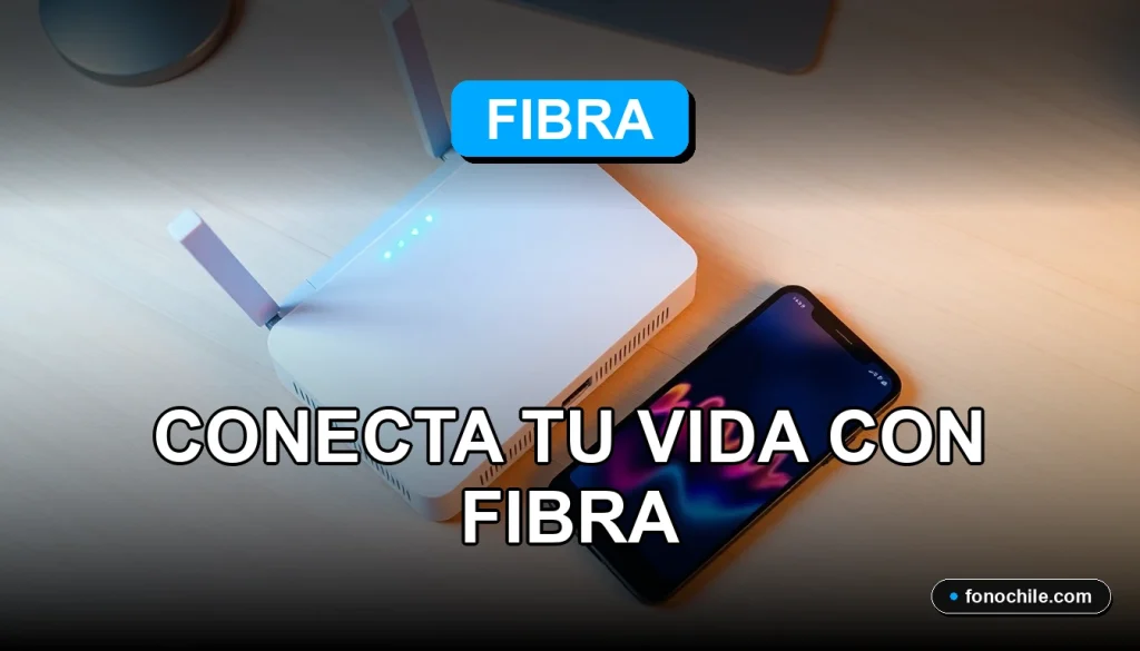 Hogar inteligente con fibra óptica en Chile, mostrando un router moderno y un teléfono inteligente en una mesa de madera con gráficos abstractos en las pantallas.
