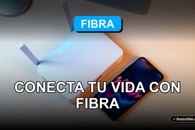 Hogar inteligente con fibra óptica en Chile, mostrando un router moderno y un teléfono inteligente en una mesa de madera con gráficos abstractos en las pantallas.