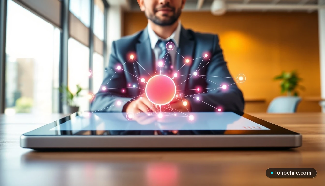 Diagrama abstracto de red empresarial mostrando la conexión estable de una IP Fija en una tableta, concepto de conectividad profesional.