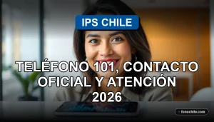 Oficina de atención al cliente de IPS Chile con una mujer hispana sonriente y un teléfono inteligente mostrando gráficos abstractos.