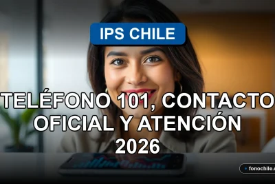 Oficina de atención al cliente de IPS Chile con una mujer hispana sonriente y un teléfono inteligente mostrando gráficos abstractos.