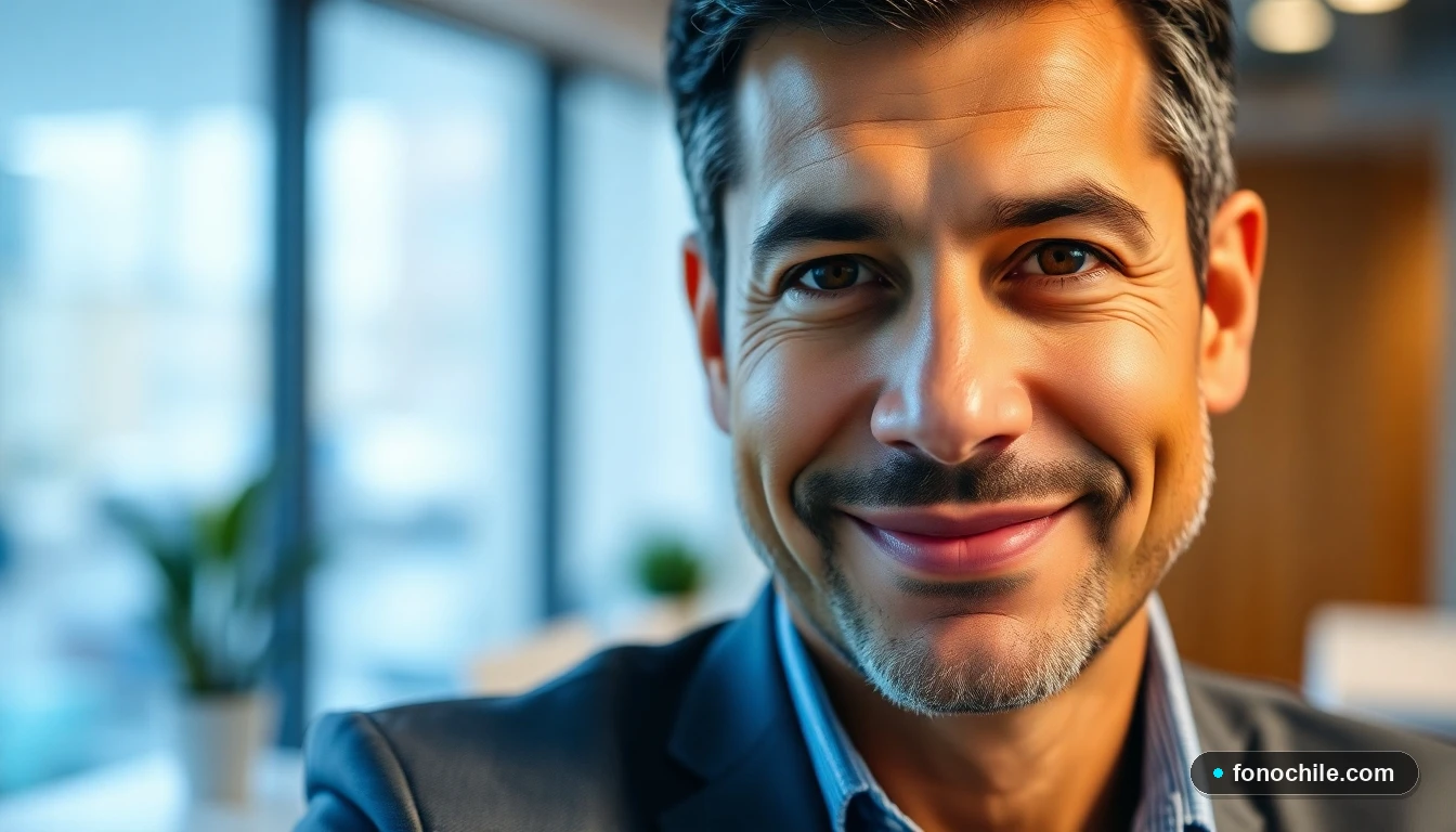 Primer plano de un asesor de IPS Chile, un hombre latino, ofreciendo soporte profesional y confiable.