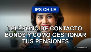 Una mujer hispana sonriendo, representando el servicio al cliente de IPS Chile, con un teléfono inteligente mostrando gráficos abstractos en una mesa.