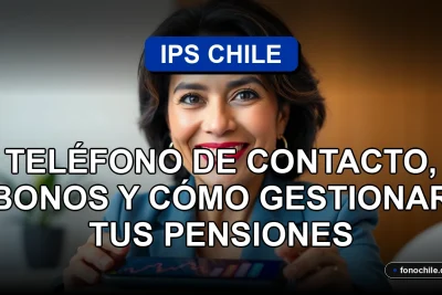 Una mujer hispana sonriendo, representando el servicio al cliente de IPS Chile, con un teléfono inteligente mostrando gráficos abstractos en una mesa.