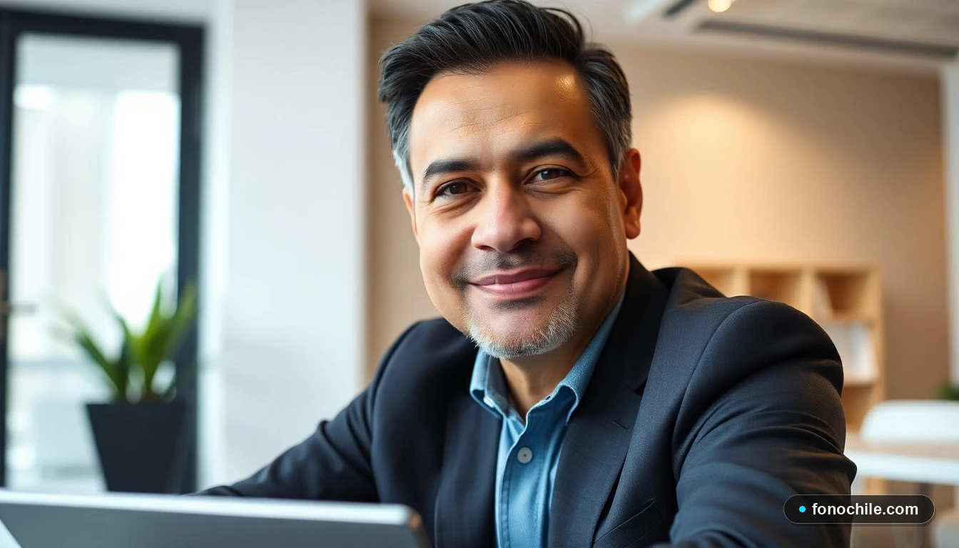 Un hombre latino en una oficina moderna, representando el equipo de apoyo de IPS Chile, con una tableta mostrando una interfaz genérica.