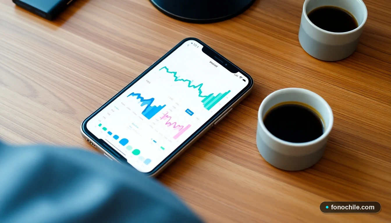 Smartphone mostrando gráficos abstractos de datos de salud y cobertura en colores azul y verde.