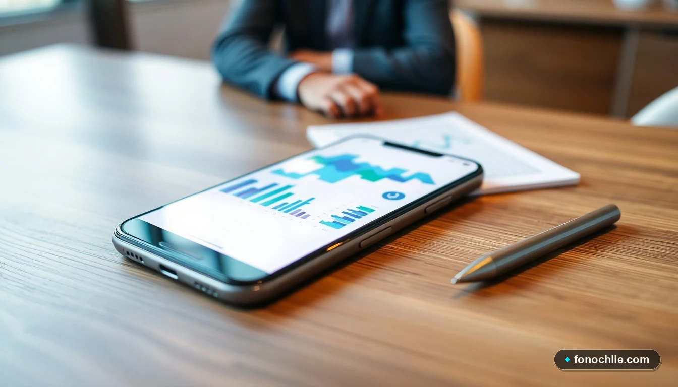 Smartphone mostrando gráficos de datos sobre planes de salud en Chile, sobre una mesa de trabajo.