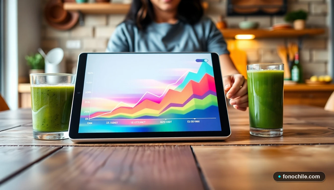 Gráfico abstracto de tendencia saludable junto a un jugo verde detox en una cocina moderna chilena.
