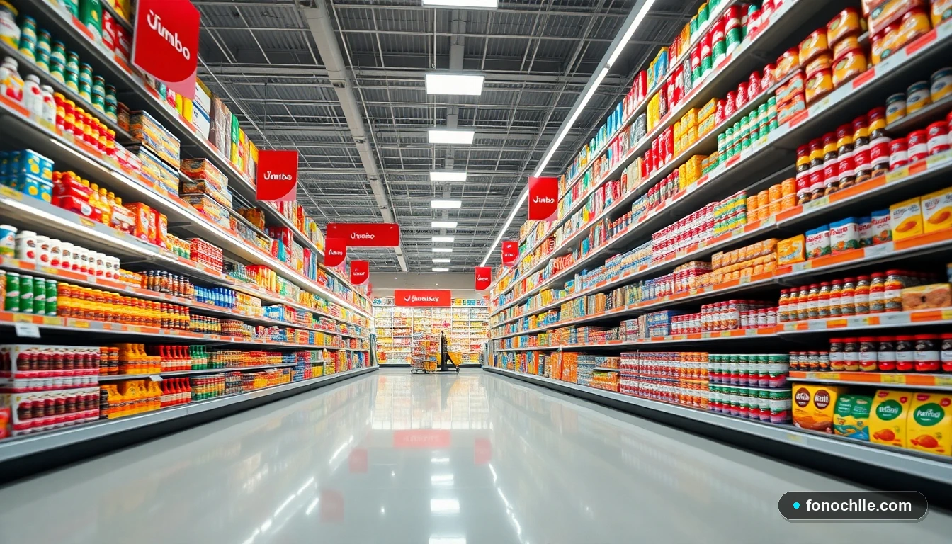 Pasillo amplio y organizado de un supermercado moderno con estantes llenos de productos variados.