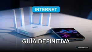 Un moderno router 5G y un teléfono inteligente de última generación descansan sobre una mesa de mármol blanco, con gráficos abstractos de colores en sus pantallas.