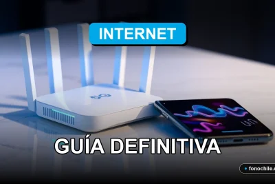 Un moderno router 5G y un teléfono inteligente de última generación descansan sobre una mesa de mármol blanco, con gráficos abstractos de colores en sus pantallas.