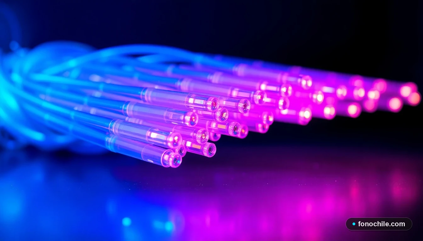 Primer plano detallado de cables de fibra óptica iluminados, representando la infraestructura de alta velocidad