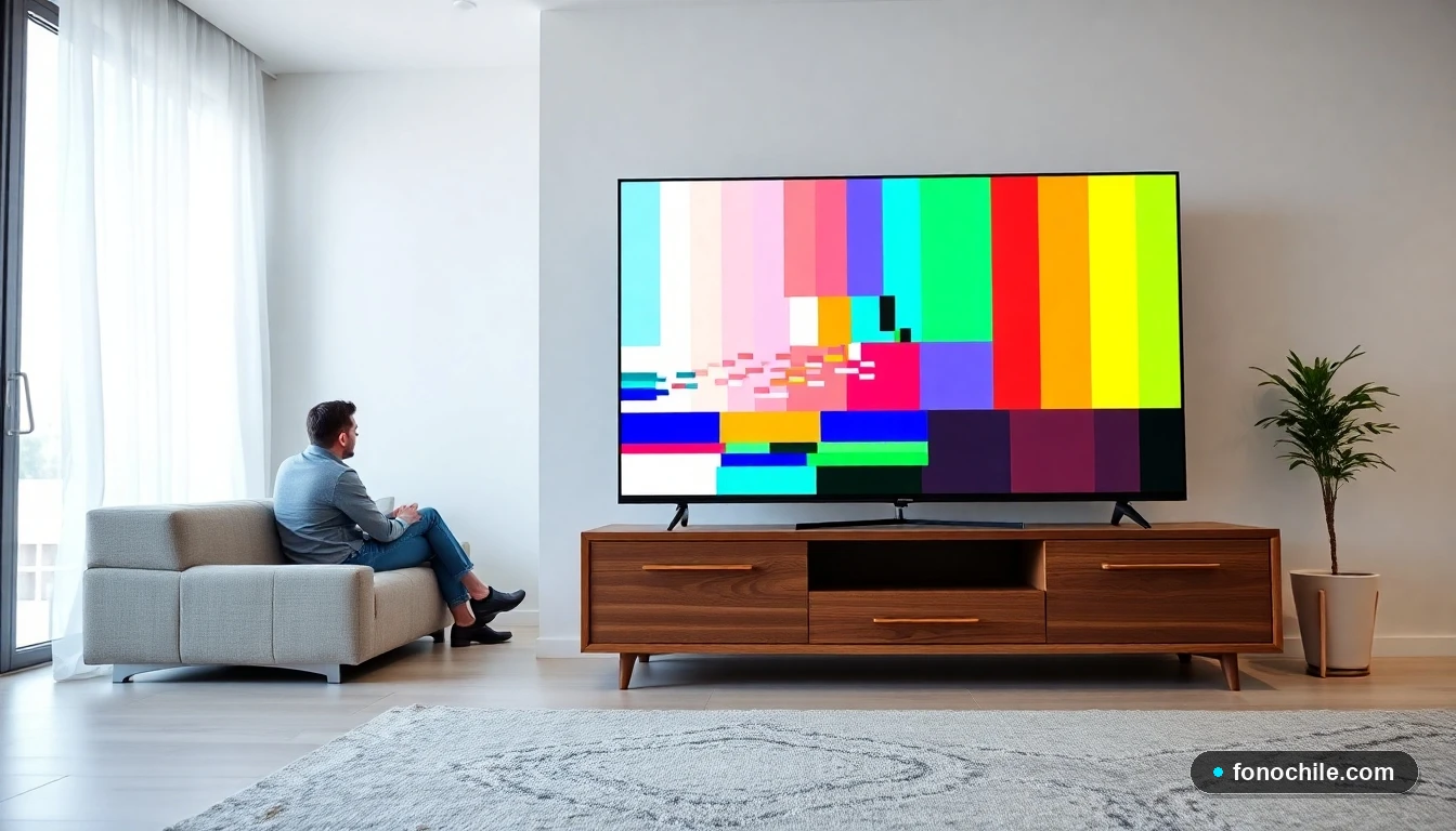 Televisor moderno mostrando señal de prueba de TV Digital en una sala de estar chilena.