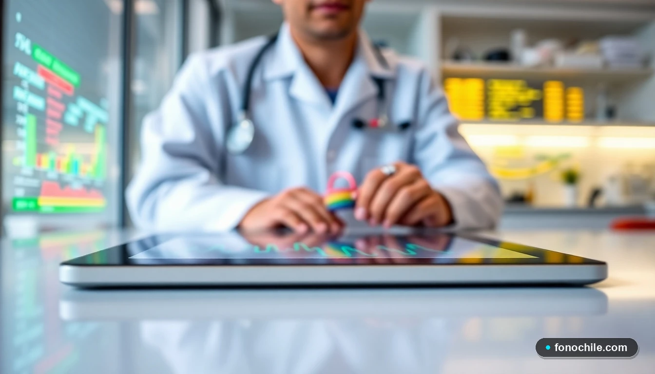 Tablet mostrando gráficos de datos médicos en un moderno laboratorio de análisis clínicos en Chile