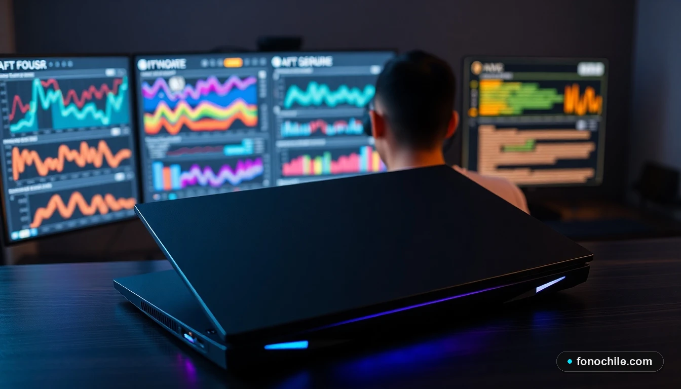 Portátil gaming de alto rendimiento sobre escritorio, con gráficos de rendimiento en pantalla secundaria.