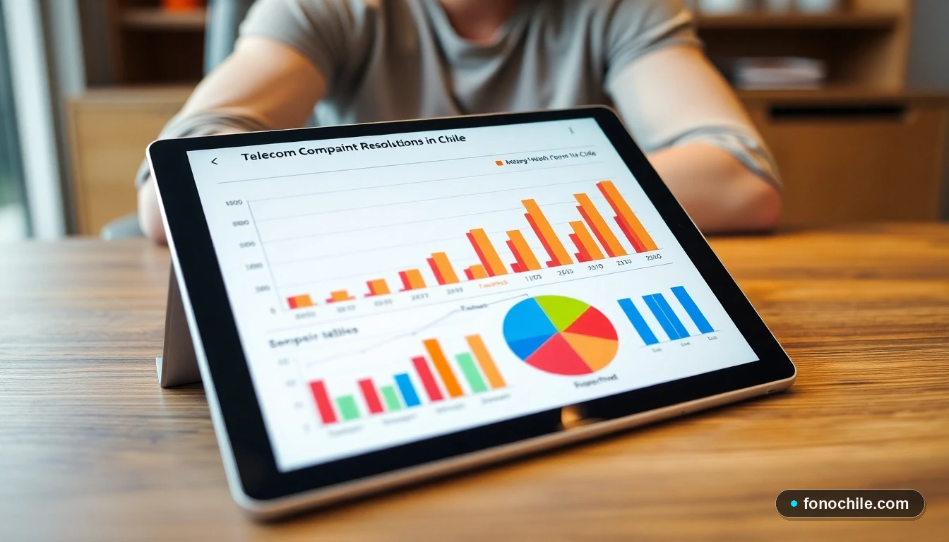 Gráfico abstracto de colores que muestra estadísticas de reclamos y resoluciones en el sector de telecomunicaciones chileno.