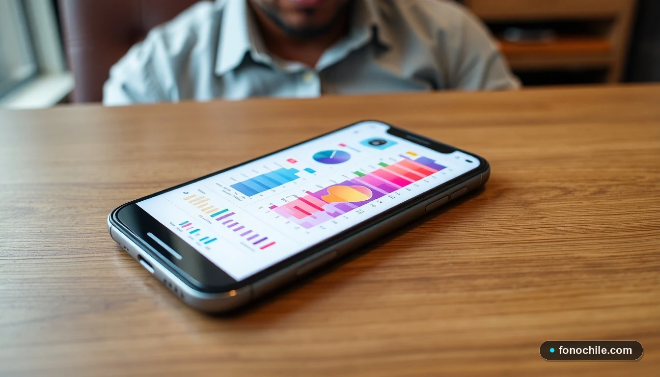 Smartphone mostrando gráficos de datos de tráfico y leyes de tránsito en Chile sobre un escritorio de madera.