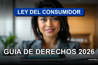 Guía de derechos del consumidor en Chile mostrando un documento legal sobre una mesa de madera moderna.