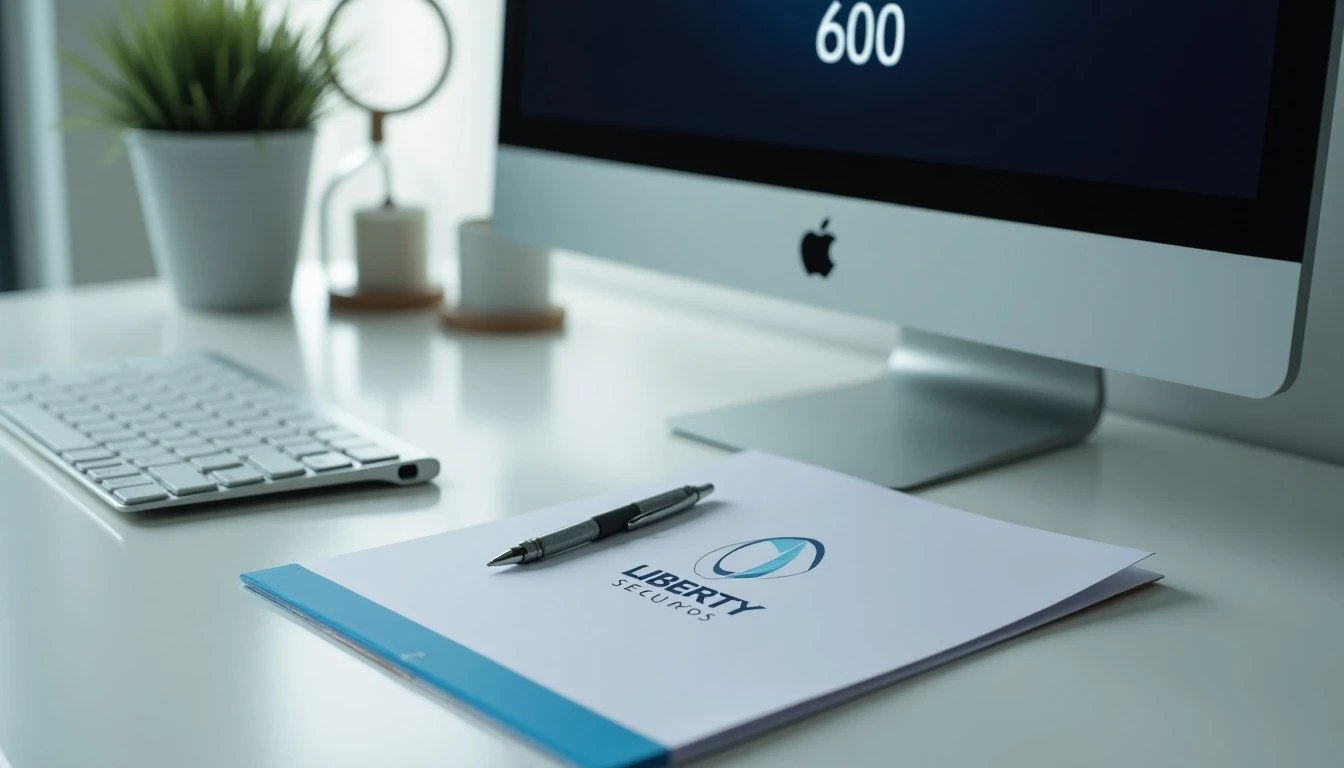 Escritorio con elementos de Liberty Seguros y su número de teléfono 600 de contacto al cliente.