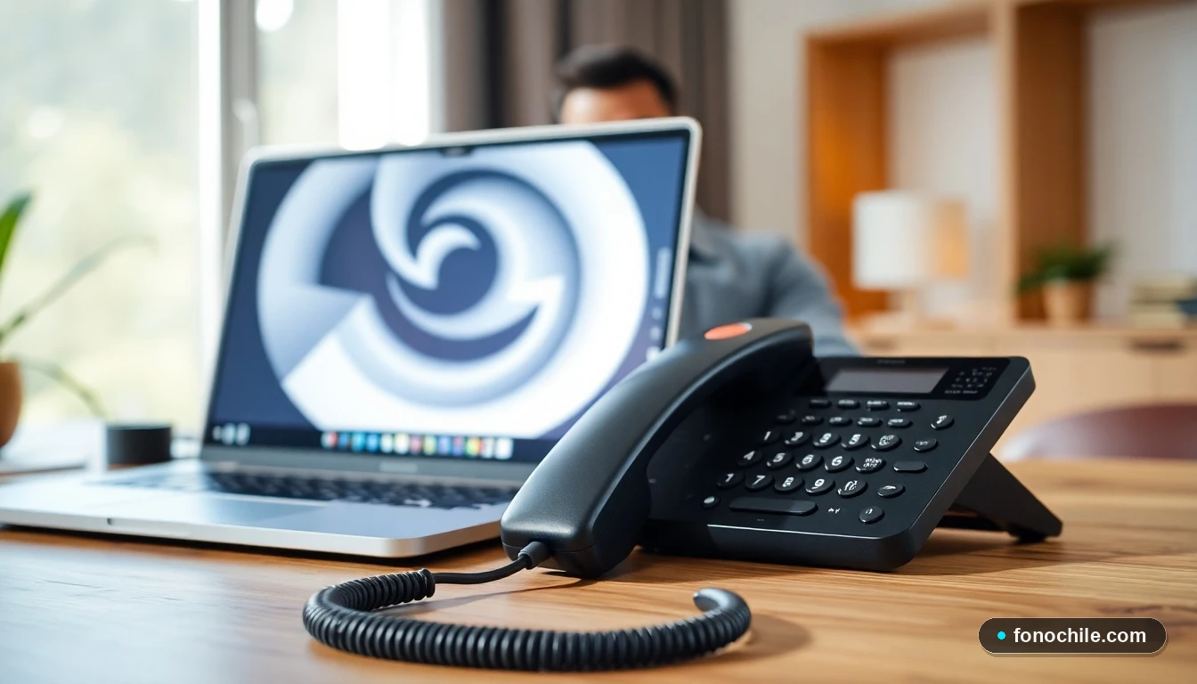 Teléfono fijo moderno en un escritorio doméstico junto a una laptop, representando el servicio de línea fija de Mundo Pacífico.
