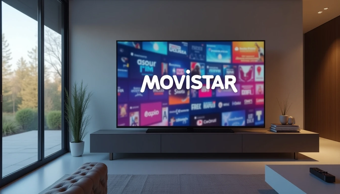 Televisor mostrando la interfaz y canales de Movistar TV en una sala moderna.