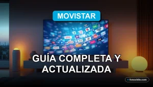 Guía de canales Movistar Chile mostrada en una pantalla de televisión moderna en una sala de estar contemporánea.
