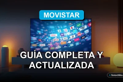 Guía de canales Movistar Chile mostrada en una pantalla de televisión moderna en una sala de estar contemporánea.