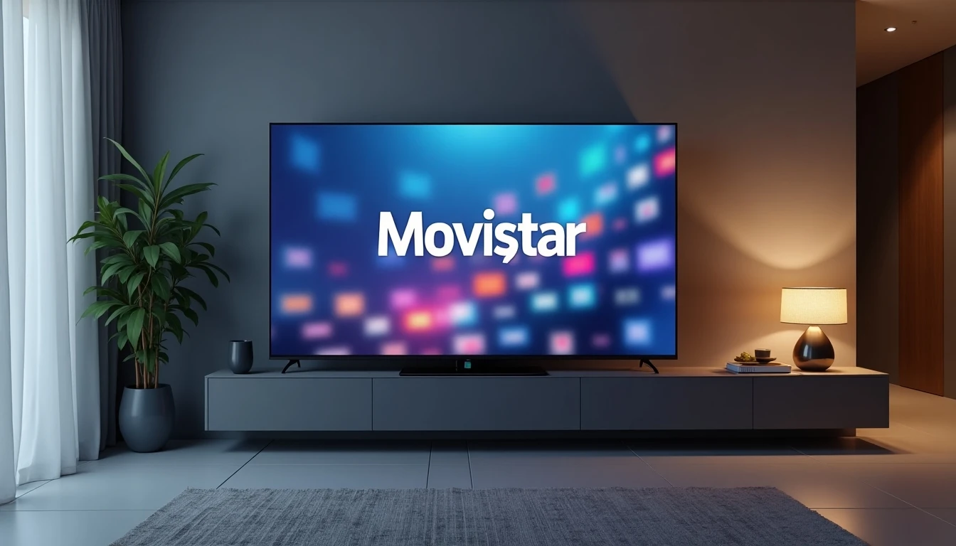 Televisor mostrando la interfaz de Movistar TV en una sala de estar moderna.