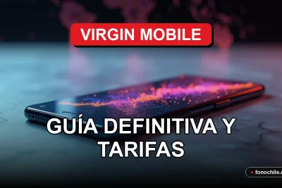 Virgin Mobile smartphone displaying abstract global connection graph on screen, resting on a clean table with a world map background.