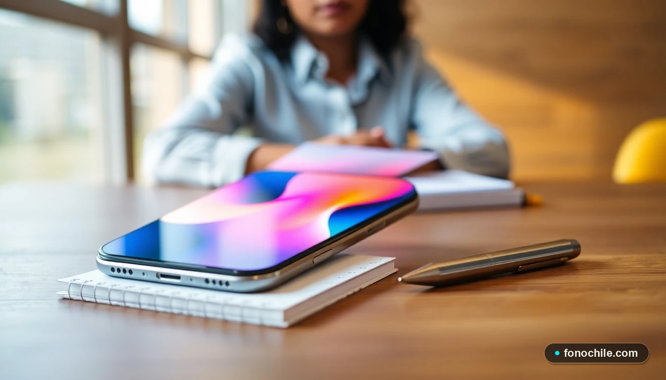 Smartphone sobre una mesa mostrando gráficos abstractos, listo para realizar una llamada de servicio al cliente.