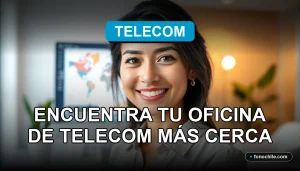 Una mujer sonriente en una oficina moderna de telecomunicaciones, con un mapa digital abstracto en una pantalla de fondo.