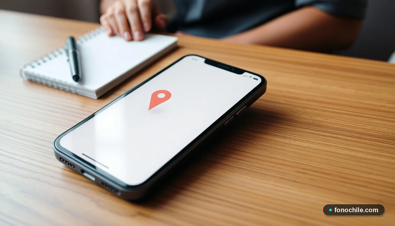 Smartphone mostrando un mapa abstracto con un marcador de ubicación para encontrar sucursales de telecomunicaciones en Chile.