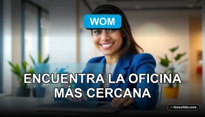 Una mujer sonriente en una oficina moderna de WOM, con un mapa digital de sucursales en la pantalla de su laptop.