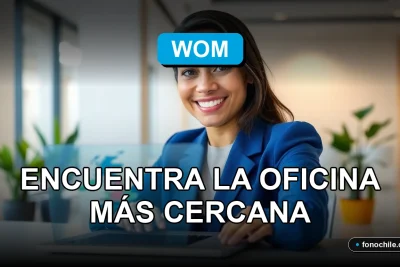 Una mujer sonriente en una oficina moderna de WOM, con un mapa digital de sucursales en la pantalla de su laptop.