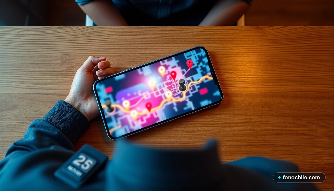 Smartphone mostrando un mapa interactivo abstracto y colorido para localizar puntos de servicio en Chile.